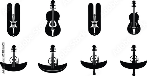 Creative black musical instrument silhouette collection, abstract guitar and violin fusion design, modern art music concept illustration, vector isolated set