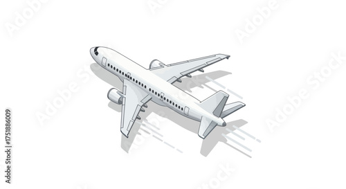 A detailed illustration of a modern white passenger airplane in flight.