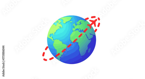 A vibrant stylized globe with a dashed red line indicating a global path.