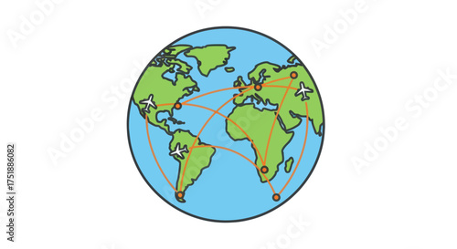 Cartoon globe illustration showing a network of international flight paths and airplane travel routes.