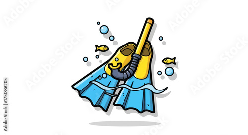 Cartoon illustration of snorkeling gear with blue fins and a yellow snorkel.