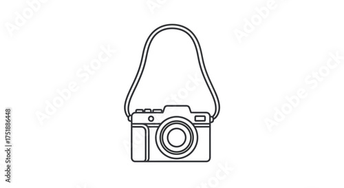 Minimalist line art illustration of a retro photo camera with a neck strap.