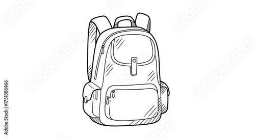 Hand-drawn sketch of a classic backpack with multiple pockets and straps.
