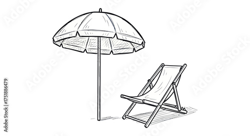 Hand-drawn sketch of a beach umbrella and a folding deck chair.