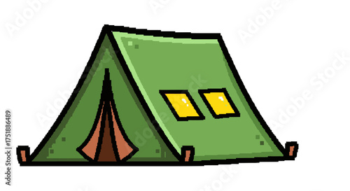 Green Camping Tent with Brown Door and Yellow Windows Illustration.