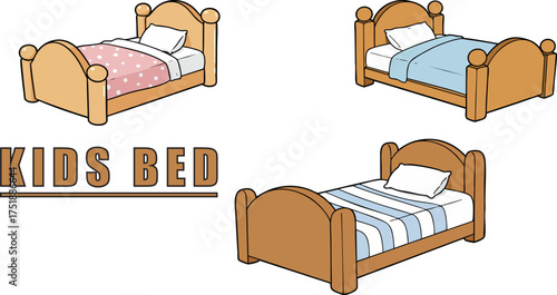 Three kids beds illustration showcasing different bedding styles on a black background