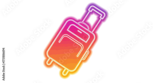 Colorful Neon Outline of a Rolling Suitcase with Handle.