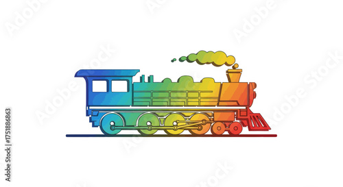 Colorful rainbow steam locomotive train illustration with vibrant gradient colors.