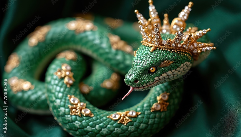 Fototapeta premium Green snake with ornate gold crown covered in gems coiled on silk fabric. Reptile has detailed scales and gold adornments. Luxurious animal fantasy.