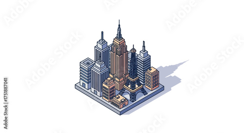 Isometric pixel art cityscape with iconic skyscrapers and urban buildings.