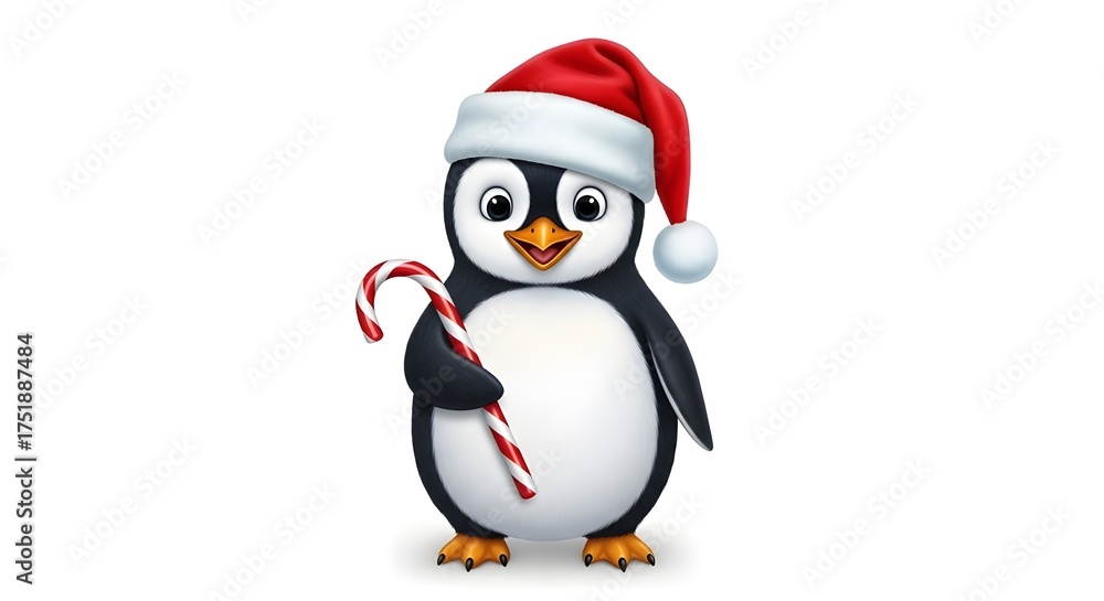 Naklejka premium Cute Cartoon Penguin Wearing Santa Hat Holding Candy Cane