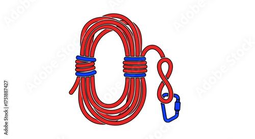 Coiled Red Climbing Rope with Blue Accents and Carabiner.