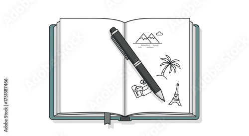 Open sketchbook with travel sketches and a pen.