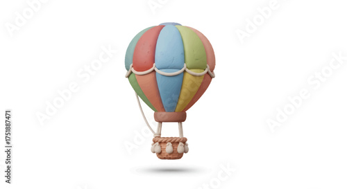 A whimsical 3D rendering of a colorful vertically striped hot air balloon with a brown basket.
