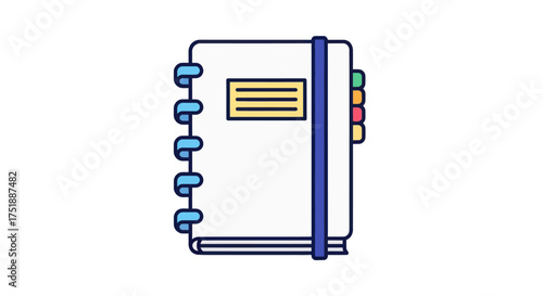Illustrated White Notebook with Blue Spiral Binding and Tabs.