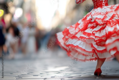 Flamenco dancer in city street: Capturing the essence of Spanish culture, a flamenco dancer twirls gracefully in a vibrant red and white dress. Her movements bring a touch of flamenco.
