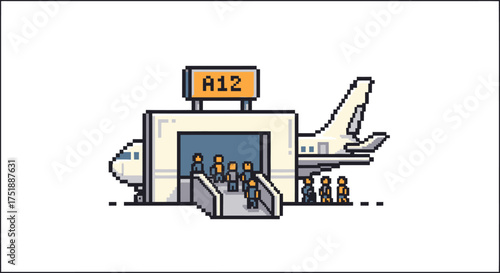 Pixel art illustration of passengers boarding an airplane at airport gate A12.