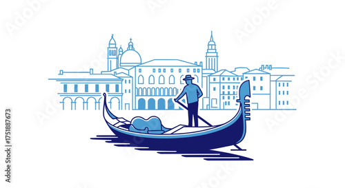 Gondola with Gondolier Navigating Venetian Canal with Cityscape.