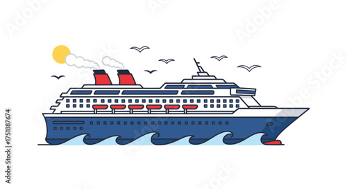 Cruise Ship Illustration with Blue Hull and Red Funnels Sailing on Wavy Water.