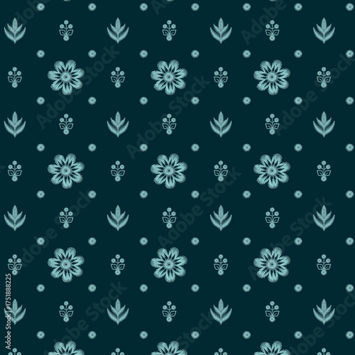 Obraz na plátně Repeating floral beta embroidery pattern in teal threadwork, suitable for background textiles or all-over print design
