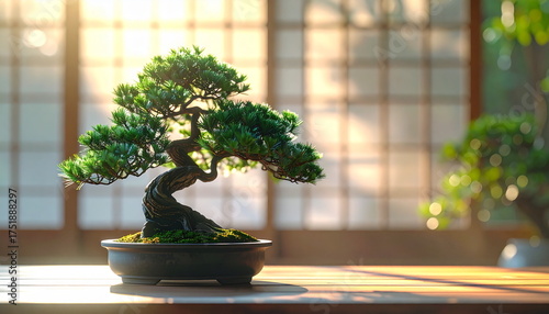 和室に飾られた美しい松の盆栽 日本文化