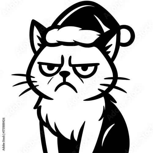 Grumpy Cat in Santa hat, B&W art. Iconic scowl contrasts festive wear, embodying anti-holiday sentiment. Ideal for sarcastic Christmas memes, winter irony, relatable disdain for seasonal cheer. Classi