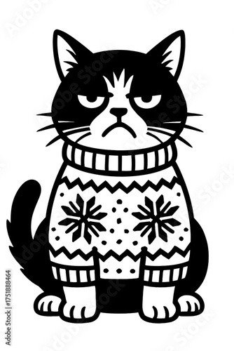 Black and white grumpy cat illustration wearing a festive winter sweater adorned with intricate snowflake patterns, depicting a discontented feline with its characteristic frowny expression, perfect f