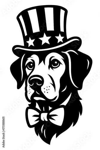 Charming Labrador Retriever Dog Wearing Patriotic Uncle Sam Top Hat with American Stars and Stripes, Adorned with a Stylish Bow Tie, Presented in a Striking Black and White Artistic Illustration, Idea