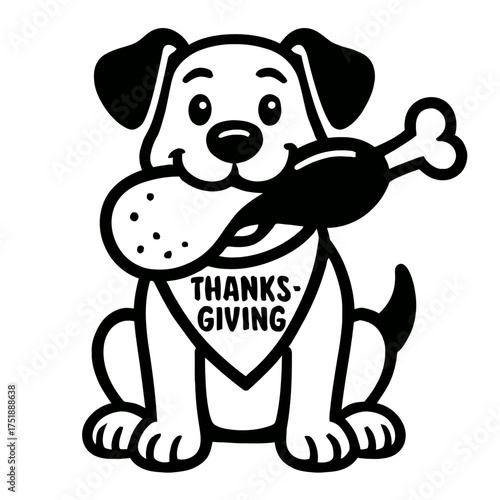 Delightful cartoon dog mascot joyfully celebrating Thanksgiving, holding a delicious roasted turkey leg firmly in its mouth, proudly wearing a festive 'THANKS-GIVING' bandana, perfect for holiday pet