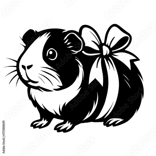 Adorable black and white guinea pig illustration wearing a festive white bow, perfect for gifts, celebrations, pet lovers, graphic design, and craft projects. This charming animal art is ideal for sti