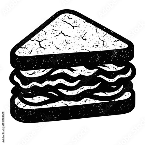 Classic deli sandwich illustration, a vintage distressed black and white graphic depicting a hearty triangular layered lunch item, perfect for retro food themes, culinary designs, and snack imagery.