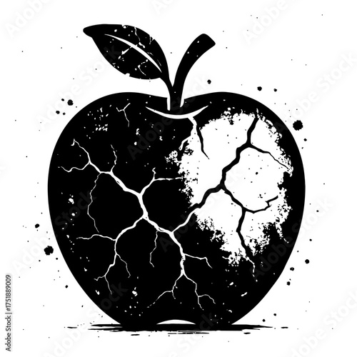 Grungy Black Apple Vector Icon with Cracked Texture and Artistic Splatter Effects. This Abstract Monochromatic Illustration Depicts Decay, Stress, or Brokenness, Perfect for Creative, Edgy Designs and