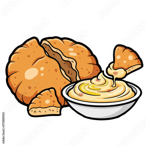 Cartoon Style Pita Bread with Hummus Bowl Illustration for Food Menu