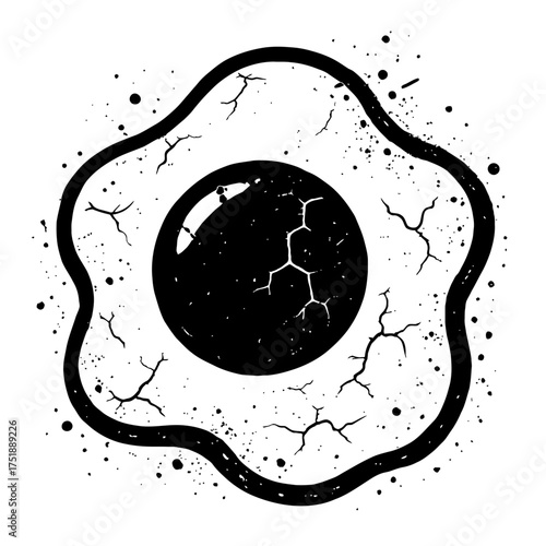 Abstract black and white fried egg illustration featuring a distinct grunge, distressed texture and prominently cracked yolk. A unique, hand-drawn, high-contrast monochrome design, perfect for edgy ar
