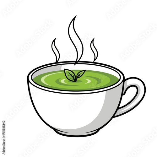 Cute Cartoon Green Tea Cup with Mint Leaf Illustration