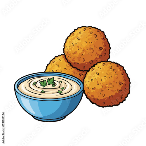 Handdrawn Color Falafel Ball with Dip Bowl Cuisine Illustration