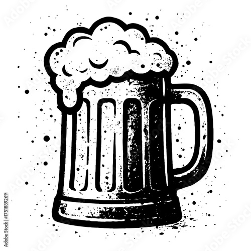 Distressed black & white beer mug illustration with frothy foam. Hand-drawn vintage style pint glass graphic, perfect for breweries, pubs, Oktoberfest, and craft beer branding, featuring a rustic ink