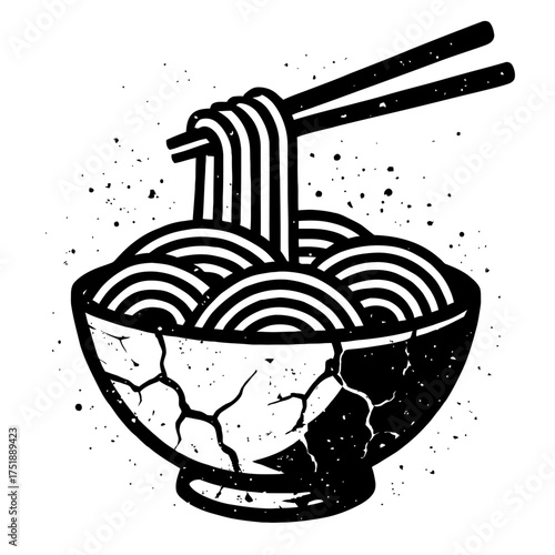 Distressed Black and White Noodle Bowl with Chopsticks, a vintage grunge style illustration capturing an iconic Asian culinary scene, perfect for food art, restaurant decor, or retro graphic design pr