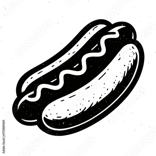 Black and white hot dog illustration with a classic frankfurter in a textured bun, topped with a wavy sauce, conveying a vintage, retro style. Perfect for American street food and fast food themes. De