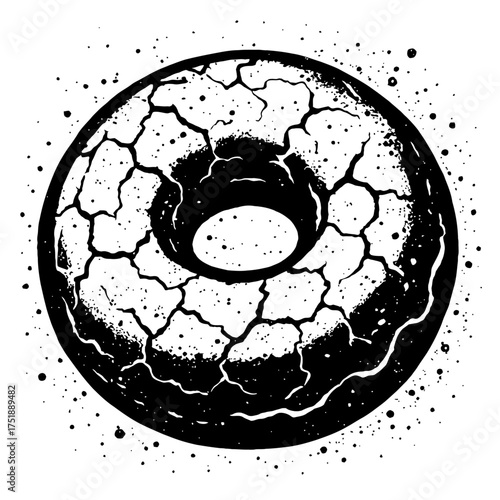 Monochromatic vector illustration of a dark, distressed, ring-shaped object with a heavily cracked surface texture and scattered speckles, evoking a grunge aesthetic, perfect for abstract designs, uni
