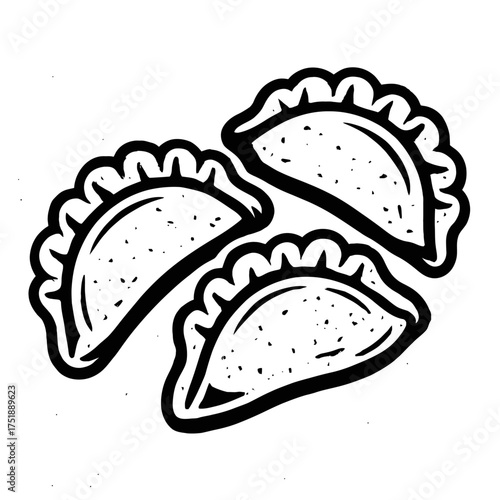 Delicious Hand-Drawn Dumplings & Empanadas Black and White Illustration: Authentic Traditional Cuisine Graphics, Perfect for Menus, Recipe Blogs, Food-Related Projects, and Cultural Celebrations. Rust