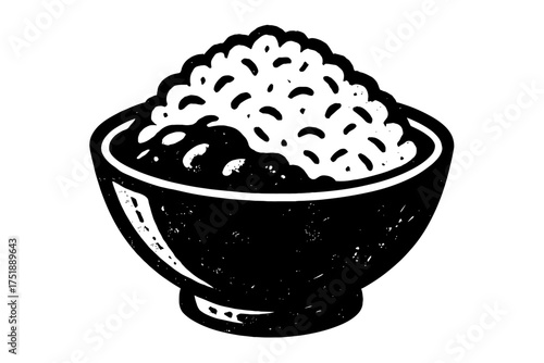 Classic Black and White Woodcut Style Illustration of a Generous Bowl of Steaming White Rice, a Timeless Staple Food, Perfect for Traditional Asian Cuisine or as a Comforting Side Dish. Simple, Rustic