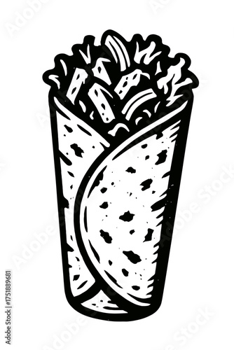 Black and white illustration of a savory burrito or hearty wrap, brimming with flavorful meat and fresh greens. Perfect for menus, food blogs, branding, this vintage graphic captures street food essen