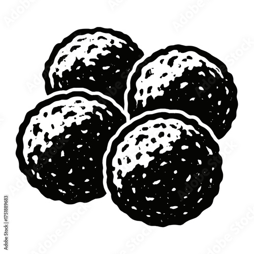 Detailed black and white illustration of fresh, organic berries, possibly blueberries or blackberries, showcasing a rustic, hand-drawn, textured style. Excellent for natural food branding, healthy rec