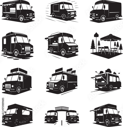 Black and white food truck icons and outdoor dining scenes