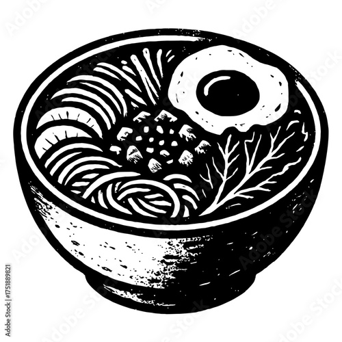 Rustic woodcut illustration of a traditional Asian noodle soup bowl featuring delicious ramen, a perfectly cooked fried egg with a rich yolk, fresh leafy greens, and savory granular toppings, all rend
