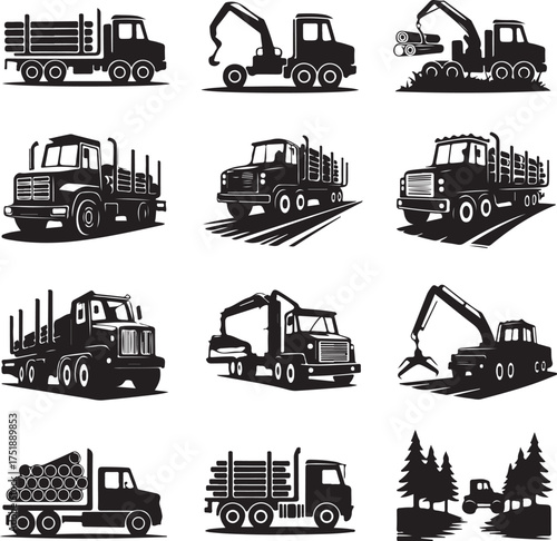 Black and white logging truck vector illustrations for design elements