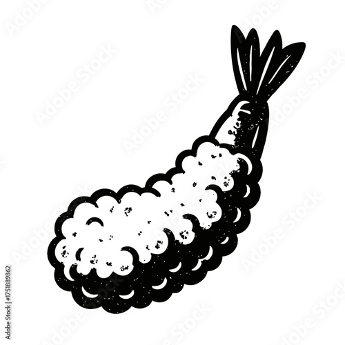 Delicious Ebi Tempura Shrimp Illustration: A mouth-watering, crispy Japanese fried seafood delicacy, featuring a perfectly battered prawn with a distinct tail, rendered in a charming black and white h