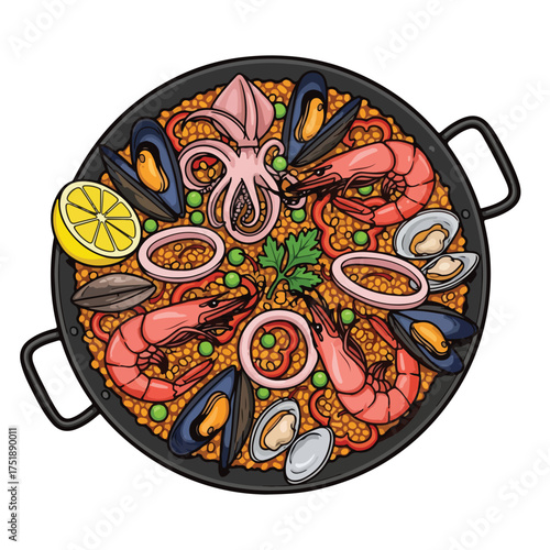 Detailed Line Art Seafood Paella Dish Illustration Overhead Food Cuisine