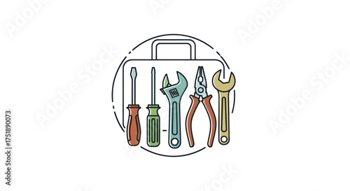 Assortment of Hand Tools Inside a Stylized Toolbox Outline.